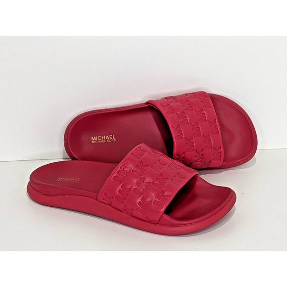 MICHAEL KORS FINNIE EMBOSSED SLIDES W/MK LOGO-HOT PINK Size 8M - Picture 3 of 4